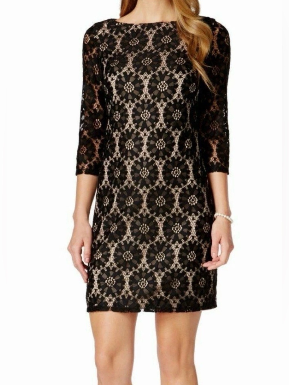 Jessica Howard, 3/4 Sleeve Lace Sheath Dress, Blk/Nude Womens Size 6 - C64-001